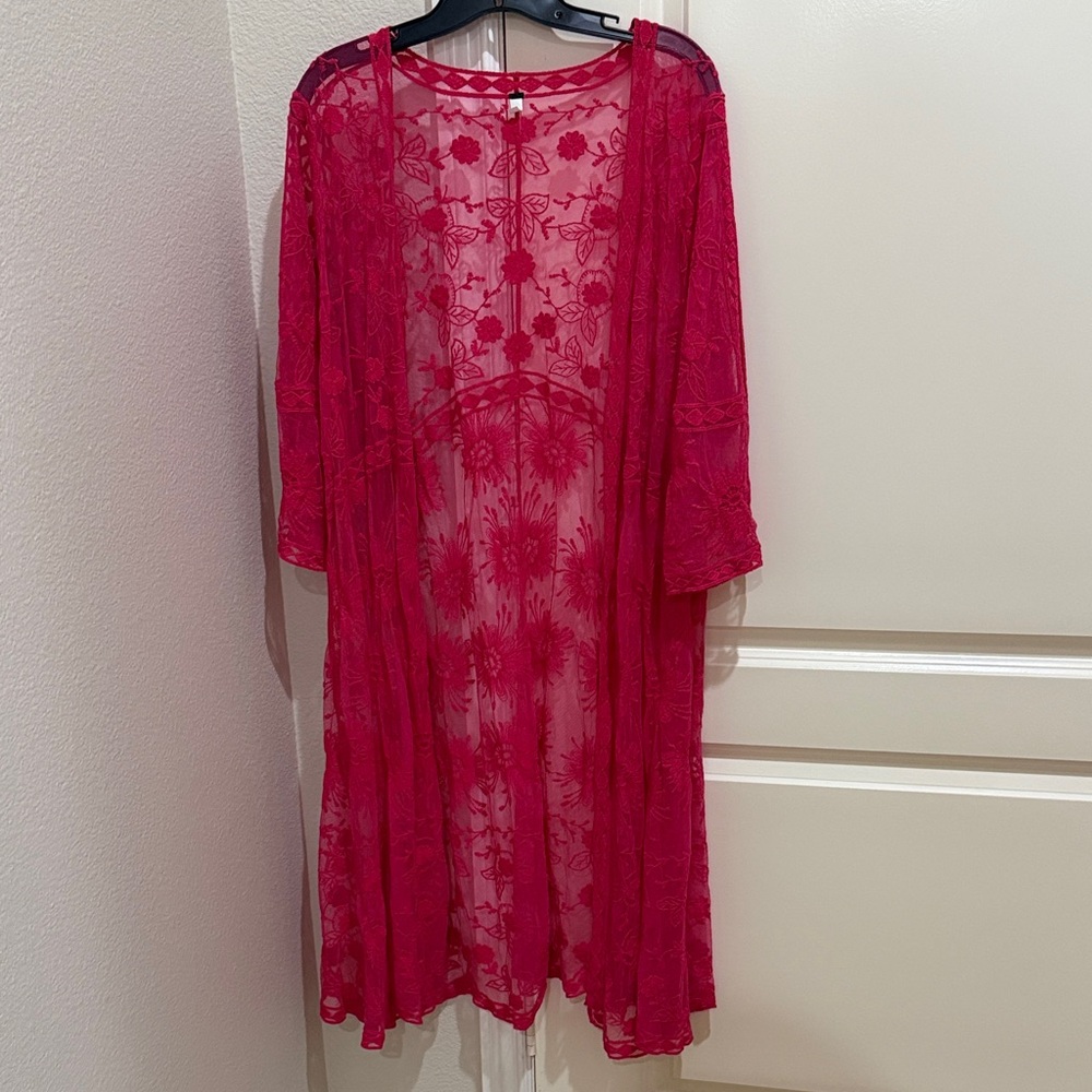 Hot Pink Sheer Lacey knee length cover up